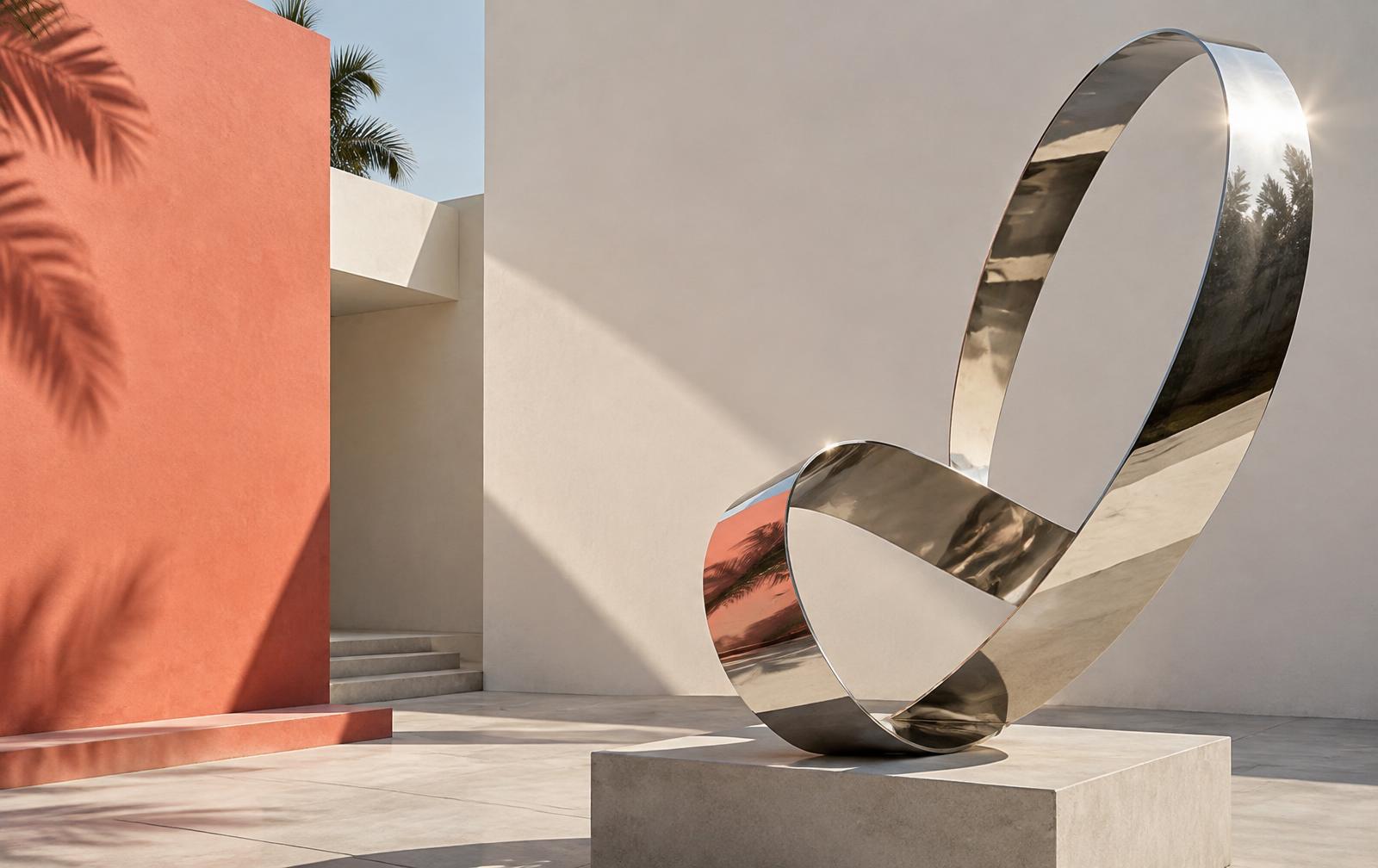 An ascending polished silver sculpture in a sunlit coral courtyard
